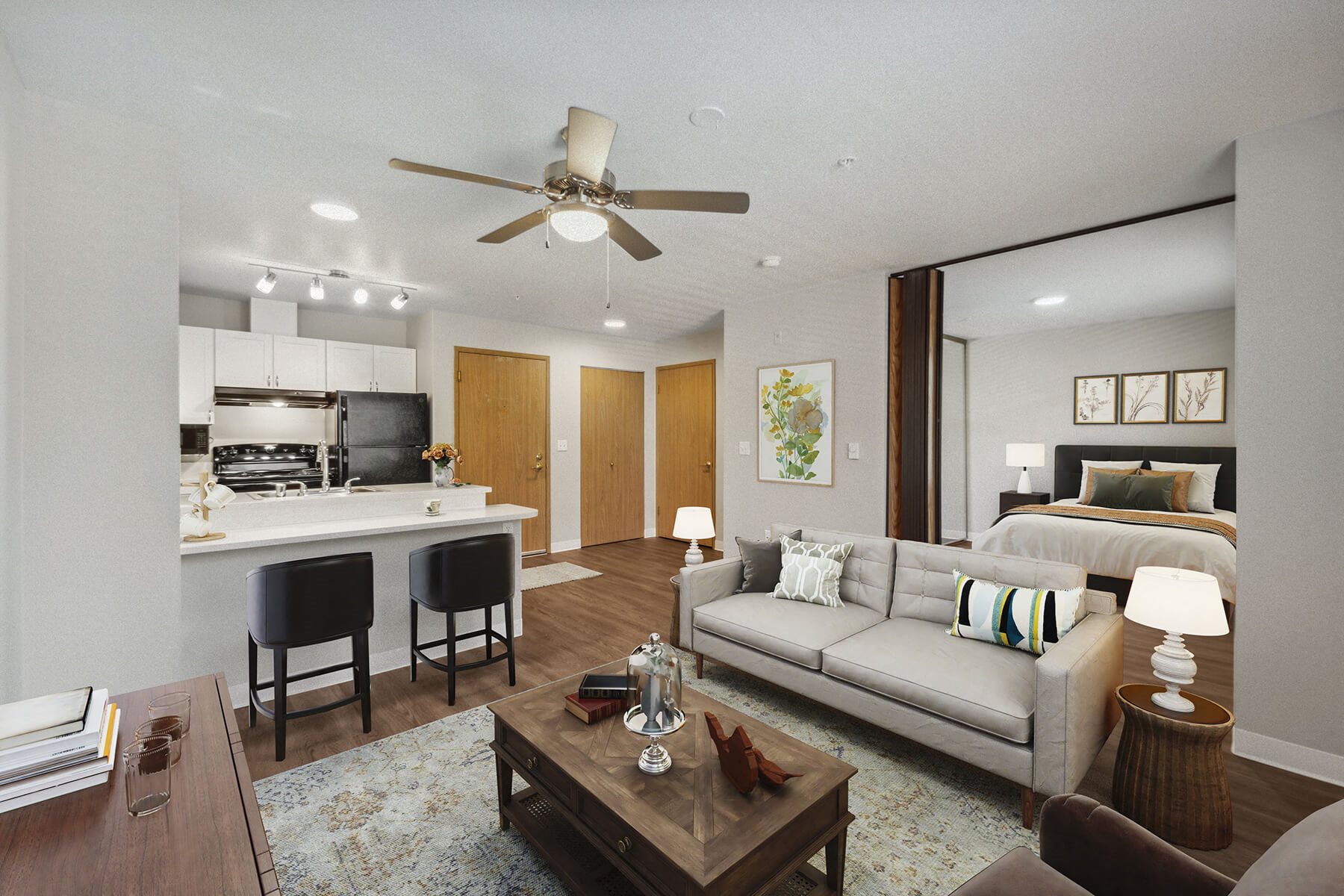 Model living room and Kitchen at Meridian Court Apartments in Federal Way WA